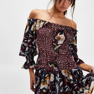 Free People Bali Aveline Velvet Mini Smoked Dress Size  Large Purple Floral